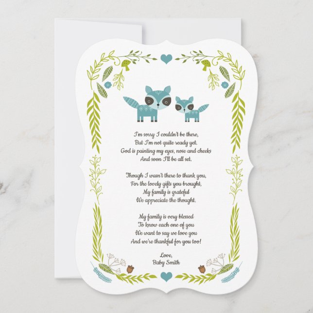 Mama and baby raccoons baby thank you note + poem (Front)