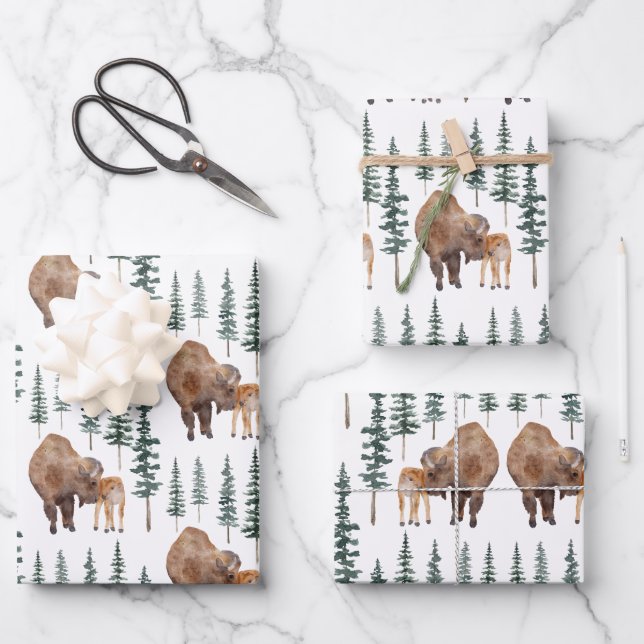 Mama Baby Bison Wrapping Paper Sheets (Front)