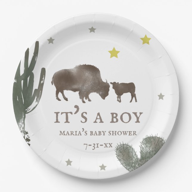 Mama Baby Buffalo Cactus Boy Baby Shower Paper Plates (Front)