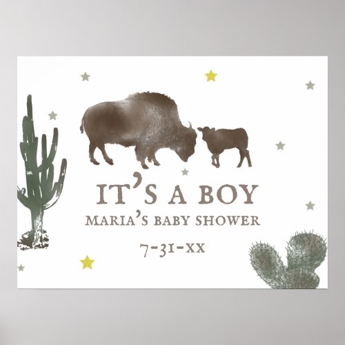 Mama Baby Buffalo Cactus Boy Baby Shower Poster