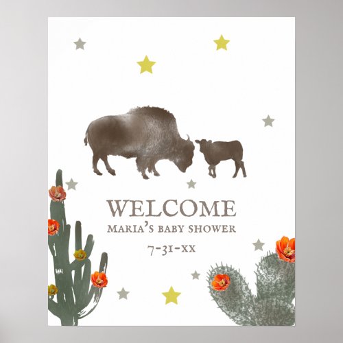 Mama Baby Buffalo Cactus Girl Baby Shower Welcome Poster
