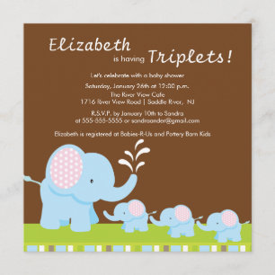 Mama & Baby Elephants Triplets Baby Shower Invitation