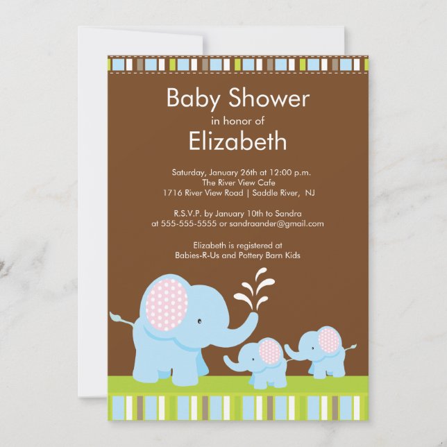 Mama & Baby Elephants Twins Baby Shower Boy Girl Invitation (Front)