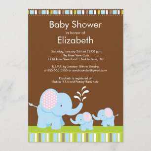Mama & Baby Elephants Twins Baby Shower Boy Girl Invitation