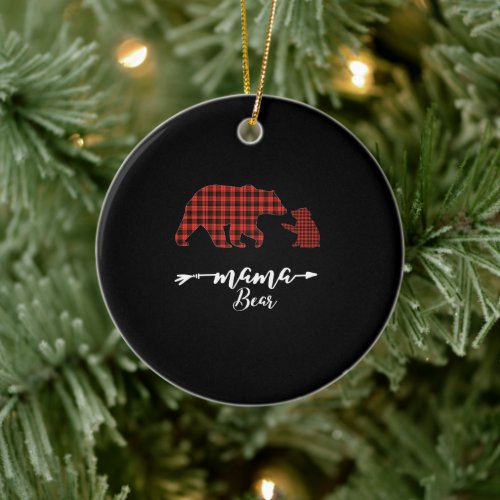 mama Bear 1 Cub red plaid mom christmas pajama Ceramic Ornament