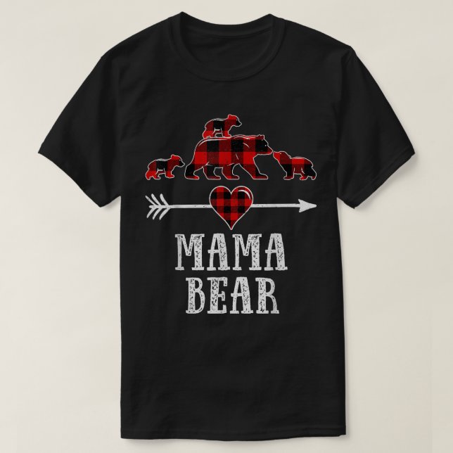 Mama Bear 3 Cubs Shirt, Christmas Mama Bear Plaid  T-Shirt (Design Front)