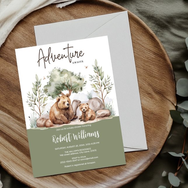 Mama bear adventure awaits baby shower invitation  (Adventure awaits cute mother and baby bear sage green forest baby shower invitation, woodland )