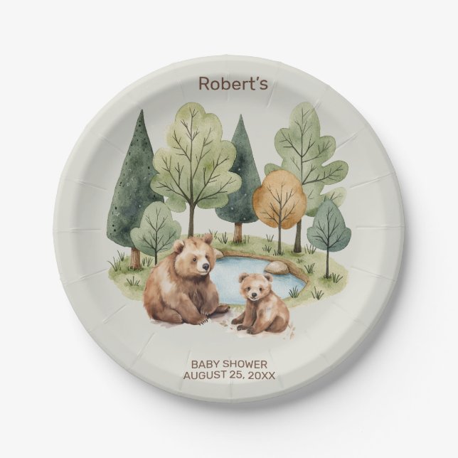 Mama bear adventure awaits baby shower invitation  paper plates (Front)