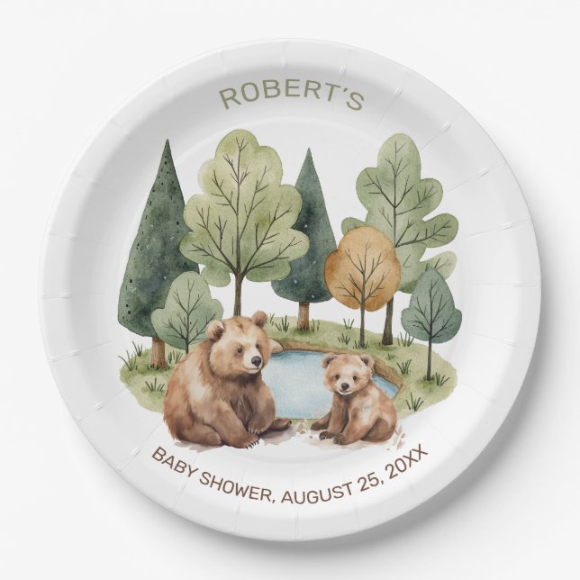 Mama bear adventure awaits baby shower invitation  paper plates (Front)