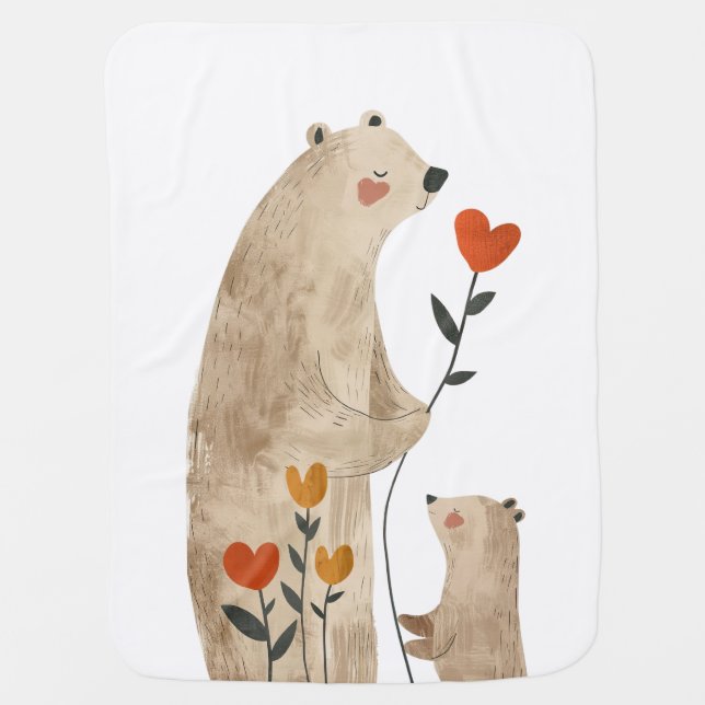 Mama Bear and Cub Illustration Name Baby Blanket (Front)