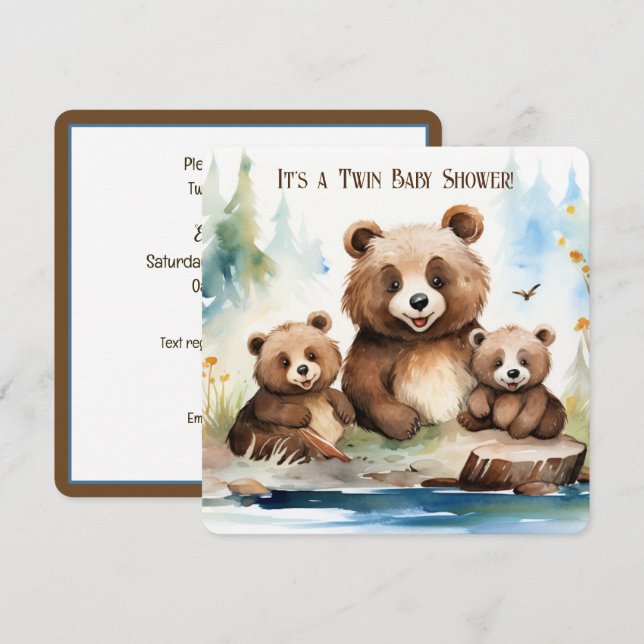 Mama Bear and Cubs Twin Baby Shower Invitation (Front/Back)