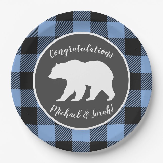 Mama Bear Baby Shower Woodland Lodge Boy Blue Paper Plates (Front)