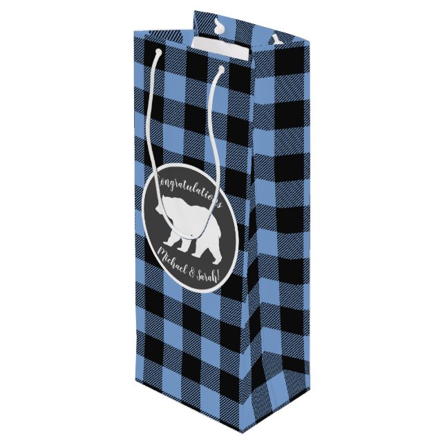 Mama Bear Baby Shower Woodland Lodge Boy Blue Wine Gift Bag (Back Angled)