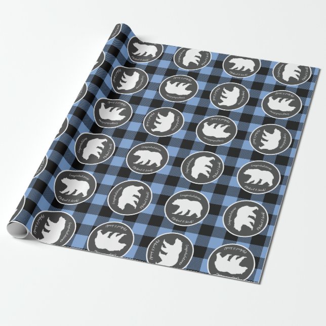 Mama Bear Baby Shower Woodland Lodge Boy Blue Wrapping Paper (Unrolled)