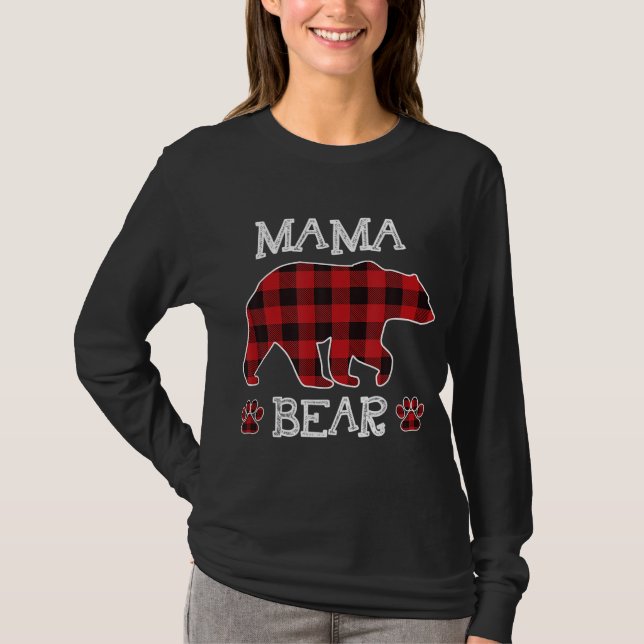 Mama Bear Christmas Pajama Red Plaid Buffalo Famil T-Shirt (Front)