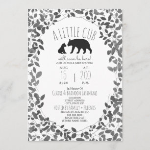 Mama + Bear Cub Black + White Foliage Baby Shower Invitation