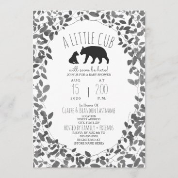 Mama   Bear Cub Black   White Foliage Baby Shower Invitation