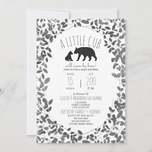Mama  Bear Cub Black  White Foliage Baby Shower Invitation