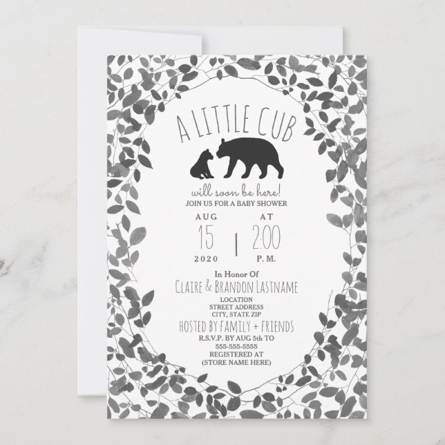 Mama + Bear Cub Black + White Foliage Baby Shower Invitation (Front)