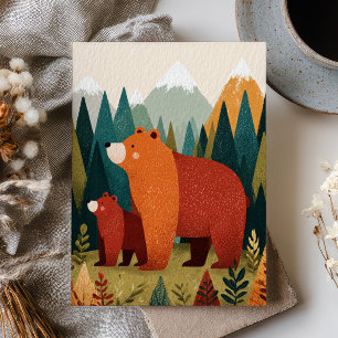 Mama Bear& Cub Cartoon Mountain Forest Landscape Postcard