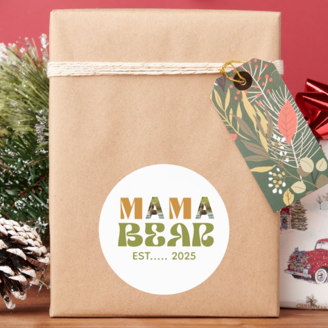 Mama Bear Heartwarming Illustration Classic Round Sticker (Holiday)