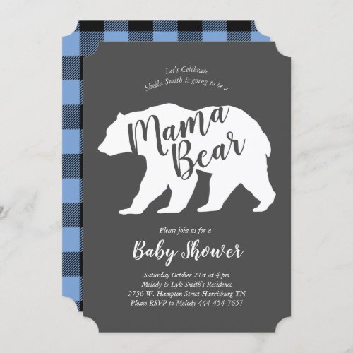 Mama Bear Lodge Baby Shower Blue Plaid Boy Invitation