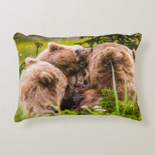 Mama bear nursing her two cubs, Lake Clark Nationa Accent Pillow