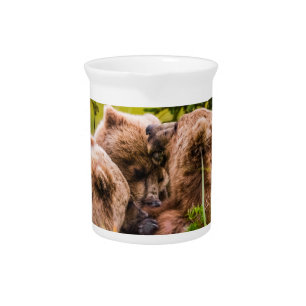 Mama bear nursing her two cubs, Lake Clark Nationa Beverage Pitcher