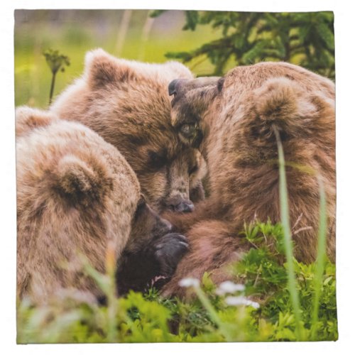 Mama bear nursing her two cubs Lake Clark Nationa Cloth Napkin