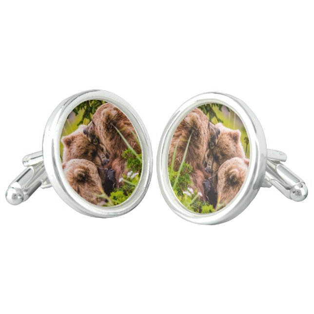 Mama bear nursing her two cubs, Lake Clark Nationa Cufflinks (Angled)