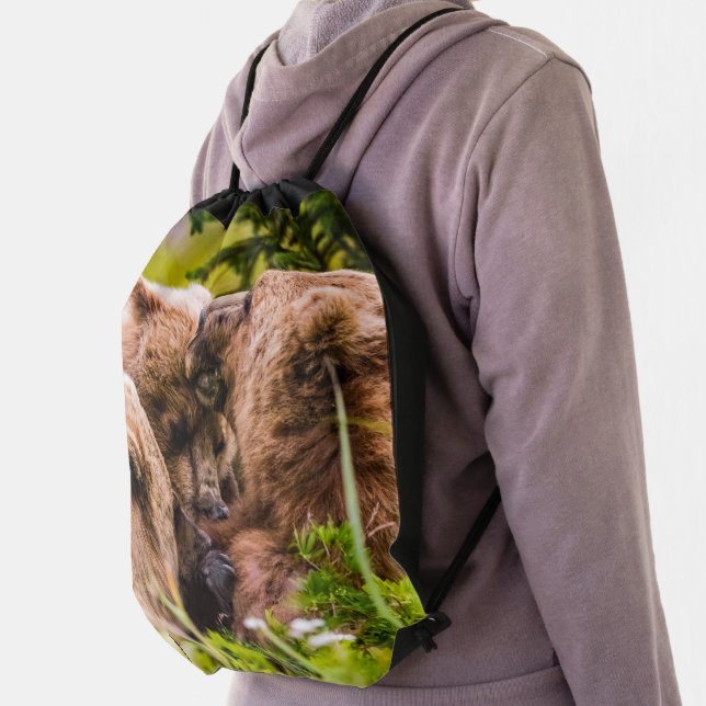 Mama bear nursing her two cubs, Lake Clark Nationa Drawstring Bag (Insitu)