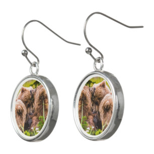 Mama bear nursing her two cubs, Lake Clark Nationa Earrings