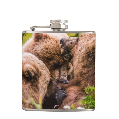 Mama bear nursing her two cubs Lake Clark Nationa Flask
