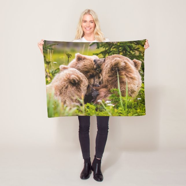 Mama bear nursing her two cubs, Lake Clark Nationa Fleece Blanket (In Situ)