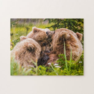 Mama bear nursing her two cubs, Lake Clark Nationa Jigsaw Puzzle