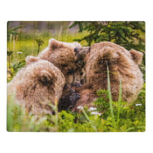 Mama bear nursing her two cubs, Lake Clark Nationa Jigsaw Puzzle