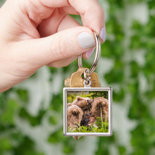 Mama bear nursing her two cubs, Lake Clark Nationa Keychain (Hand)