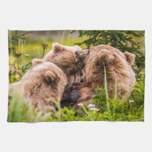 Mama bear nursing her two cubs Lake Clark Nationa Kitchen Towel