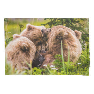 Mama bear nursing her two cubs, Lake Clark Nationa Pillow Case