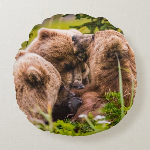 Mama bear nursing her two cubs Lake Clark Nationa Round Pillow