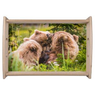Mama bear nursing her two cubs, Lake Clark Nationa Serving Tray