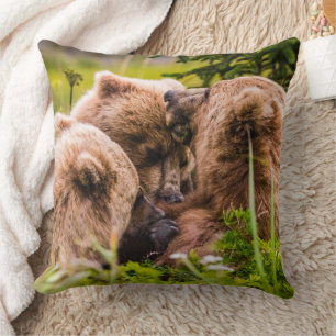 Mama bear nursing her two cubs, Lake Clark Nationa Throw Pillow