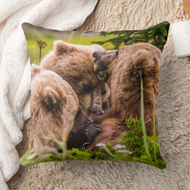 Mama bear nursing her two cubs, Lake Clark Nationa Throw Pillow (Blanket)