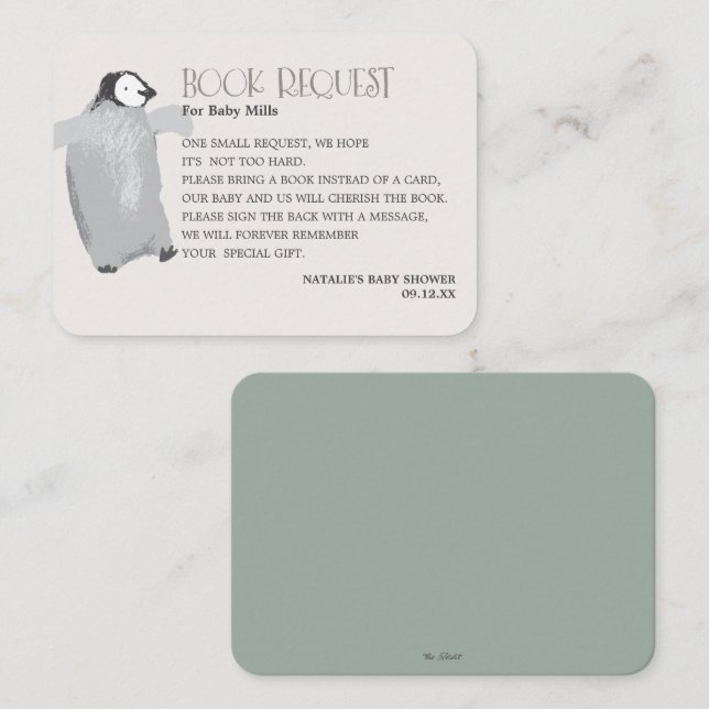 Mama Bear Penguin Neutral Baby Shower Book Request Enclosure Card (Front/Back)