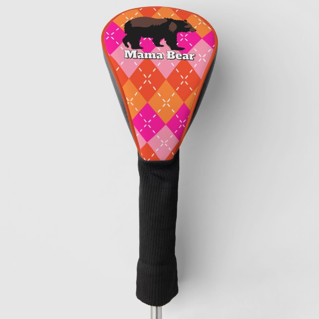 Mama Bear Personalized Preppy Pink Orange Argyle Golf Head Cover (Front)