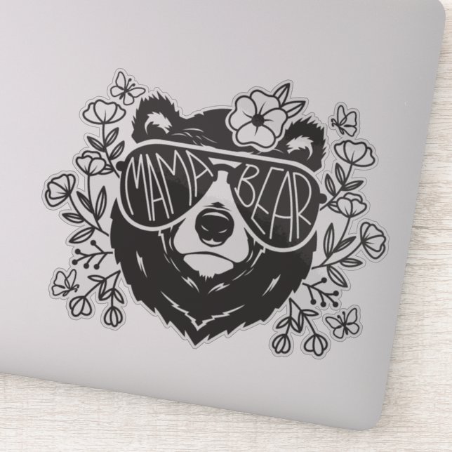 Mama Bear Surrounded By Butterflies And Flowers Sticker (Detail)