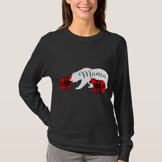 Mama Bear Two Cubs Red Plaid Mom Christmas Pajama  T-Shirt (Front)