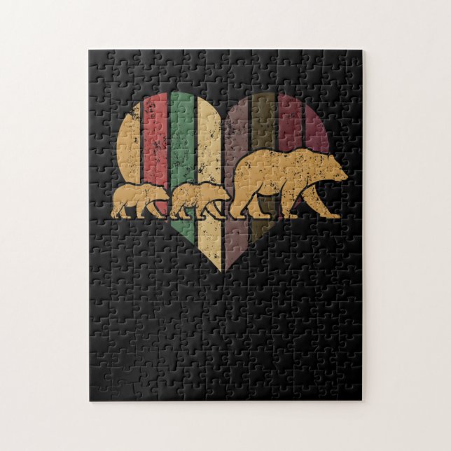 Mama Bear Two Cubs Retro Heart Mothers Day Gift Jigsaw Puzzle (Vertical)