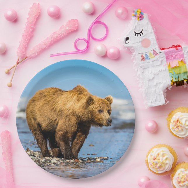 Mama bear watching her two kids paper plates (Party)