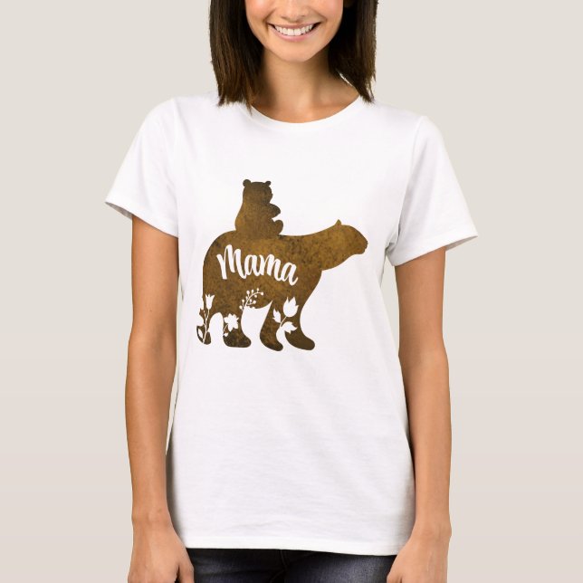 Mama Bear With 1 Cub Riding On Mama's Back T-Shirt (Front)